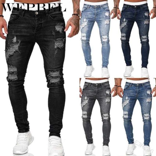 

mandylandy winter autumn men's ripped jean vintage holes in jean casual denim long pant locomotive jeans pants slim pencil pants x0621, Blue