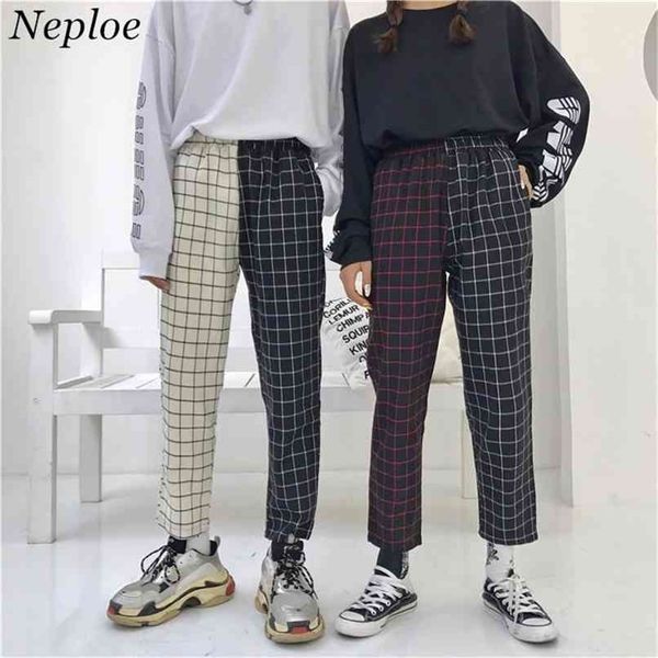 

neploe vintage plaid patchwork pants harajuku woman man trousers elastics high waist korean causal straight checkerboard 210915, Black;white