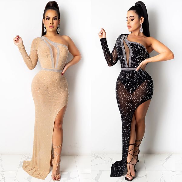 

fashion one-shoulder women sequins dress 2021 summer women's rhinestone design dresses beautiful nightclub party tight net transparent, White;black
