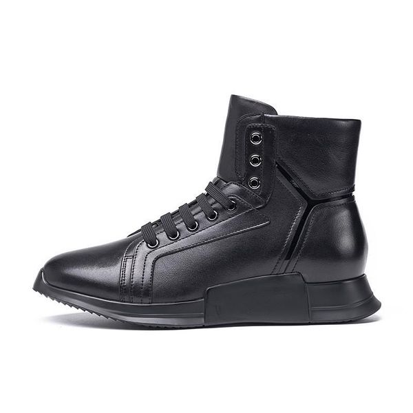 

boots winter fleece brand lining casual ankle real leather high increasing platform shoes lace up joggers sneakers man, Black