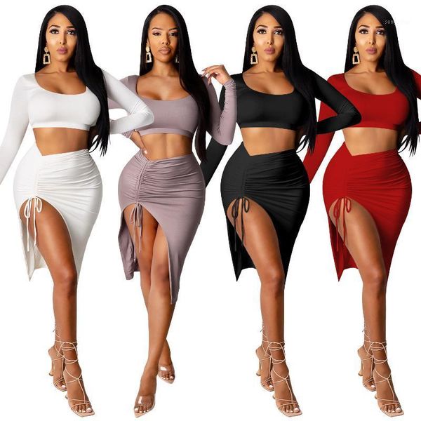 

solid color skirt suit women long sleeve short + asymmetrical hems drawstring skirts club party ladies two piece set women's track, Gray