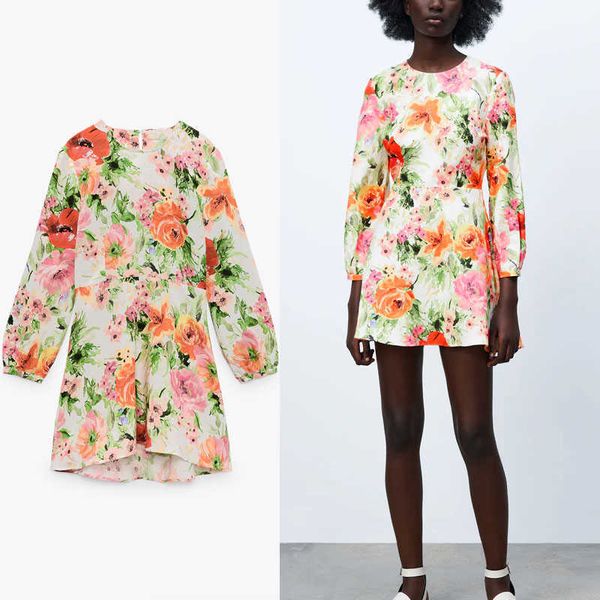 

za cut out floral print dress women long sleeve o neck vintage mini summer dresses woman fashion back opening party dress 210602, Black;gray