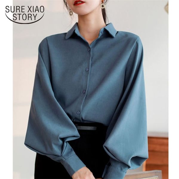 

fashion women blouse casual cardigan lantern sleeve solid elegant shirts female clothes white blusas 8026 210421