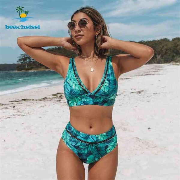 

beachsissi leaf bikini set two piece patchwork swimwear high waist swimsuit summer swimming bathing suit 210621, White;black