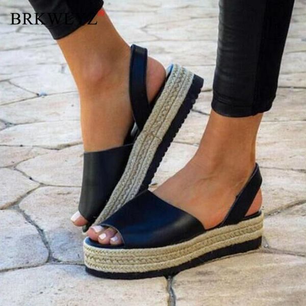 

summer casual solid color flat slip-on playform woven thick-bottom roman sandals shoes woman feb5 b09r, Black