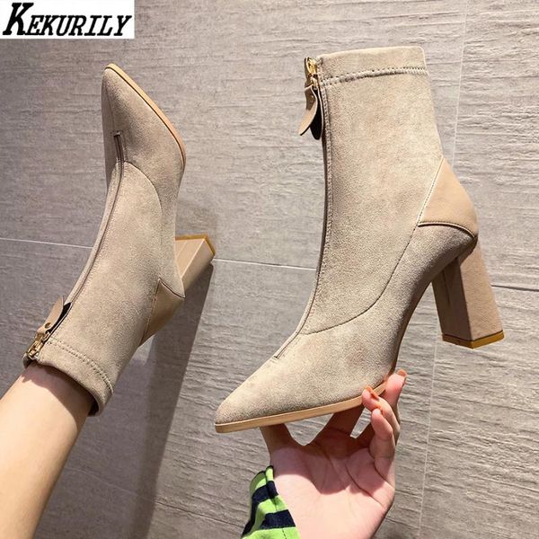 

boots zipper ankle women suede square high heels short boot autumn winter pointed toe shoes black khaki patchwork zapatos mujer
