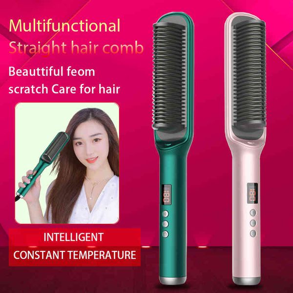 

electric professional negative ion straightening lcd display curling comb 2 in 1 hair straightener styler tool, Black