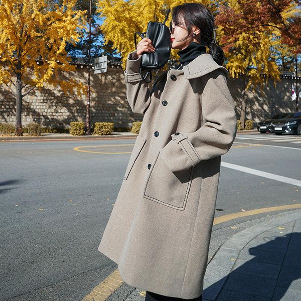 

women's wool & blends women single breasted preppy style woolen coat autumn winter lapel straight overcoat sweet casual loose medium-lo, Black