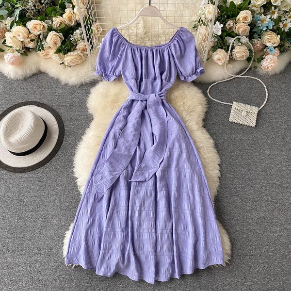 

dress women's puff sleeve strap waist slim retro over-the-knee long female a- line vintage elegant women 210420, Black;gray