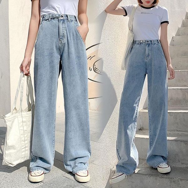 

women's jeans high waist wide leg denim clothing sand wash street quality 2021 fashion mopping straight pants, Blue