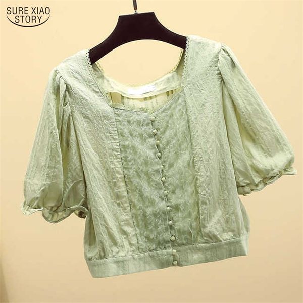 

summer square collar woman chiffon blouse solid lantern sleeve short women's shirts clothes blusa 9880 210506, White