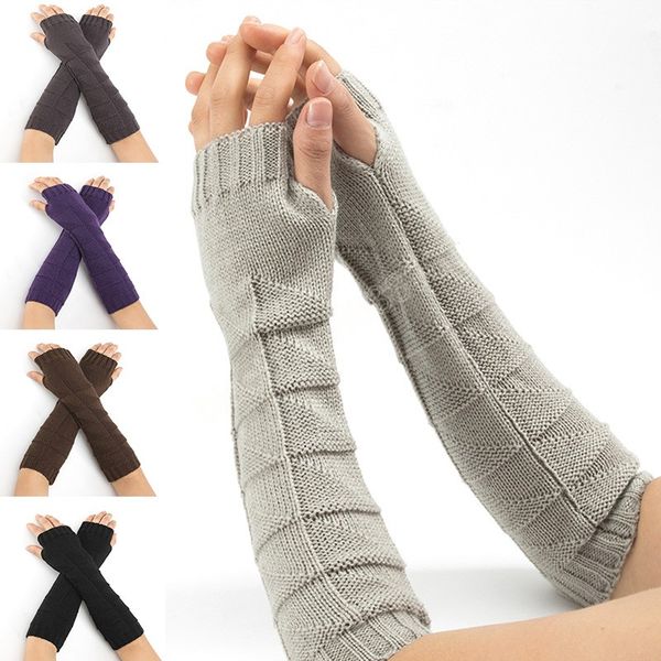 

wool half finger gloves men women knitted winter warm fingerless long knit mitten solid color fashion women arm warmers, Blue;gray