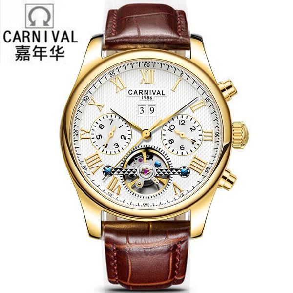 

carnival mens mechanical watches tourbillon automatic watch men sapphire crystal wristwatch clock erkek saat wristwatches, Slivery;brown