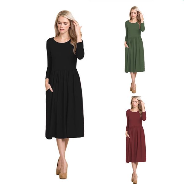 

boutique dress women's 1688 3 / 4 sleeve pleated waist pocket mid length, Black;gray