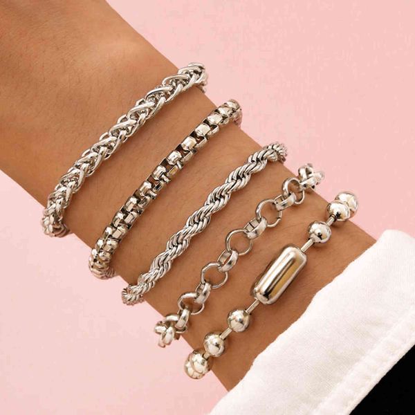 

diezi multilayer 5pcs/set box chain bracelets bangles women men silver color beads bracelet sets couples vintage boho jewelry, Golden;silver