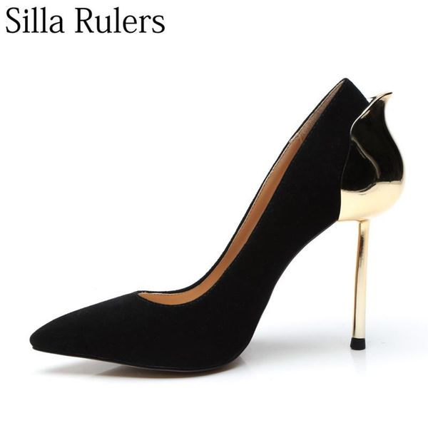 

silla rulers 2021 metal heel wine cup women pumps pointed toe thin heels mary janes shoes kid suede dress, Black