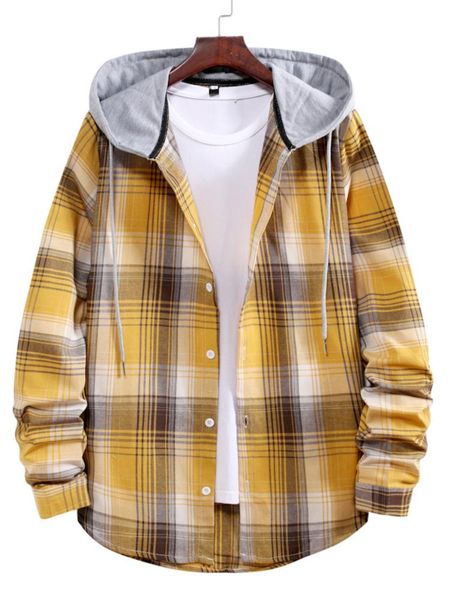 

men's casual shirts autumn coat male yellow plaid hooded cardigan shirt, White;black