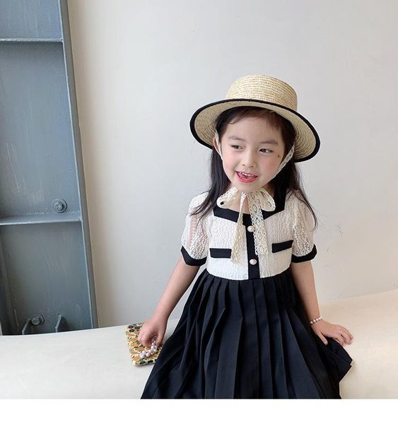 

children's summer clothing girl fashion dress princess black stitching retro short sleeve long skirt girl's dresses, Red;yellow