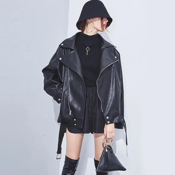 

women's leather & faux women spring autumn black jackets zipper basic coat turn-down collar motor biker pu jacket with belt