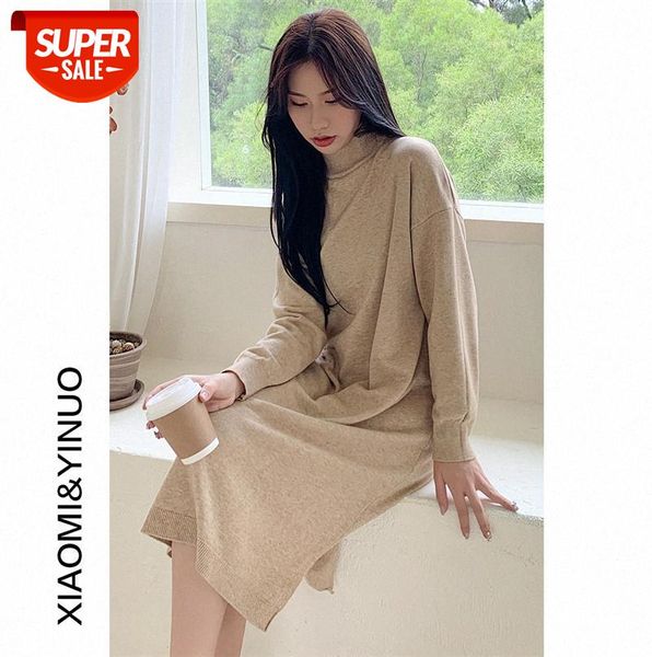 

[ou fan] 7663 lazy style sweater dress women loose over-the-knee knit #ug6l, Black;gray