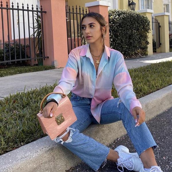 

office tie dye streetwear women shirts long sleeve turn down collar elegant casual shirt autumn fashion, White