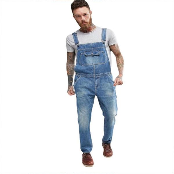 

men's jeans fashion men loose denim jumpsuits causal full length solid color distressed bib overalls for suspender streetwear pant, Blue