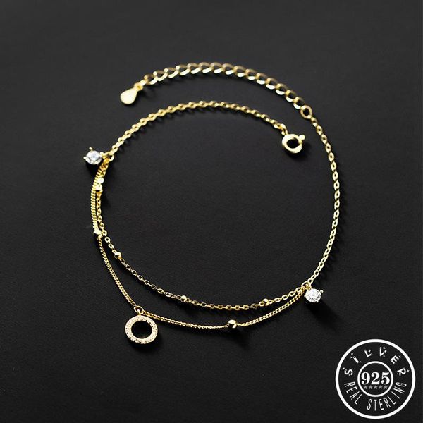 

anklets 925 real sterling silver cubic zirconia anklet bracelet gold color plated chain round pendant feet jewelry for women, Red;blue