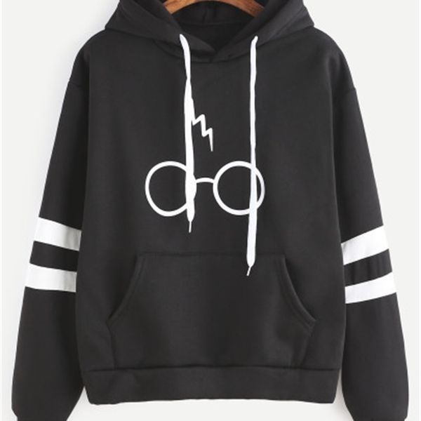 

new glasses printed hooded sweater, Black