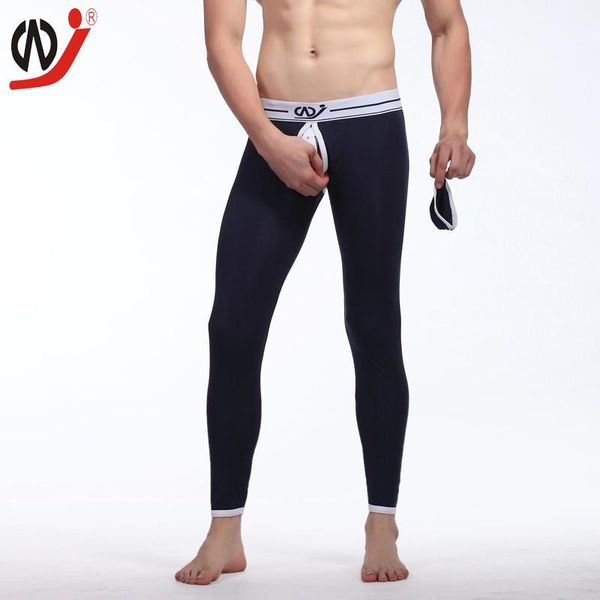 

men's sleepwear wj men thermal underwear comfy cotton long john warm pants gay leggings penis bag open healthy johns crazy design, Black;brown