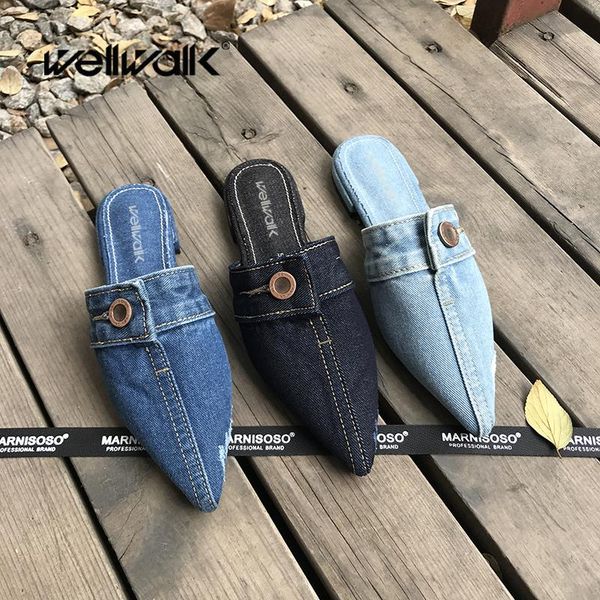 

slippers denim mules shoes women pointed toe flats woman jeans female slides designer brand, Black