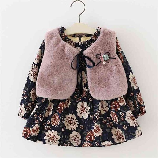 

baby girl dress winter birthday long-sleeved floral plus velvet +fur vest 2p outfits 210528, Red;yellow