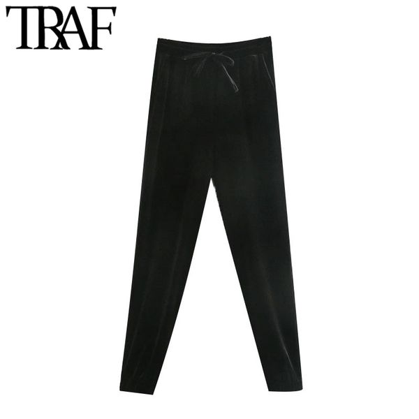 

traf women fashion with drawstrings velvet jogging pants vintage elastic waist side pockets female trousers mujer 210415, Black;white