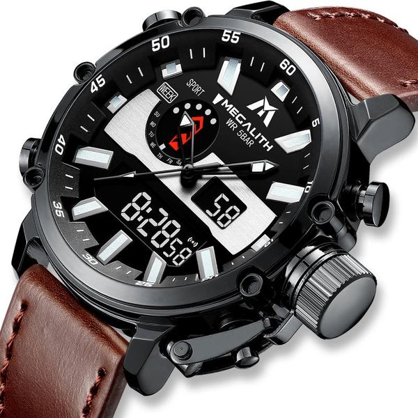 

wristwatches wholesale price megalith fashion quartz watches men dual display waterproof sport leather strap man watch relogio masculino 822, Slivery;brown
