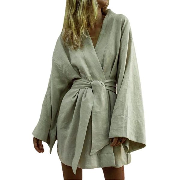 

casual dresses women's v-neck kimono cardigan mini dress white cotton linen long sleeve belt lace-up loose big shirt, Black;gray