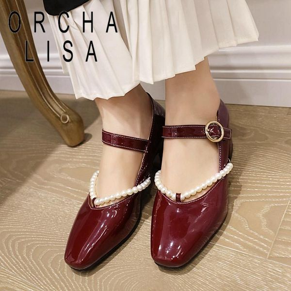 

dress shoes orcha lisa 2021 ladies pumps square toe 9cm block heels patent leather buckle pearl elegent big size 48 casual date a3546, Black