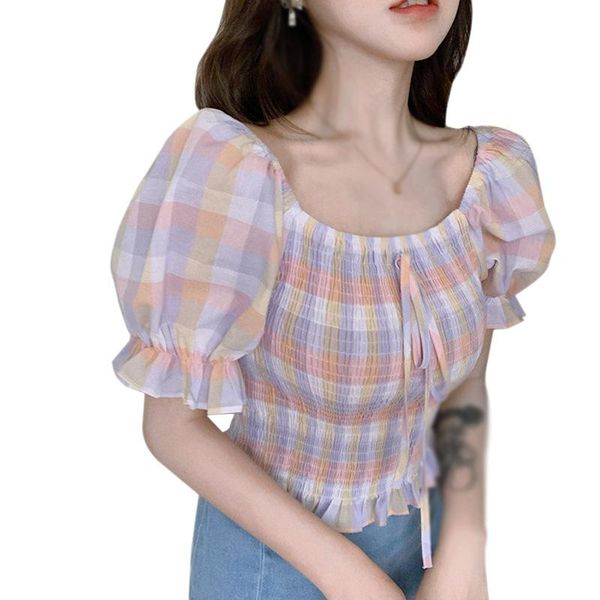 

women's blouses & shirts women bubble sleeve waist slim short v-neck solid sweetest smock age-live lattice shirt, White