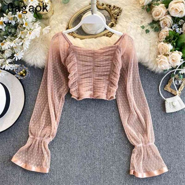 

women vintage mesh blouse summer square collar flare sleeve polka dot slim chic wild fashion sweet shirt 210531, White