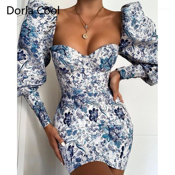 

casual dresses 2021 women printed florals european party club sheath mini dress long puff sleeves chic vacation lady's vestido, Black;gray