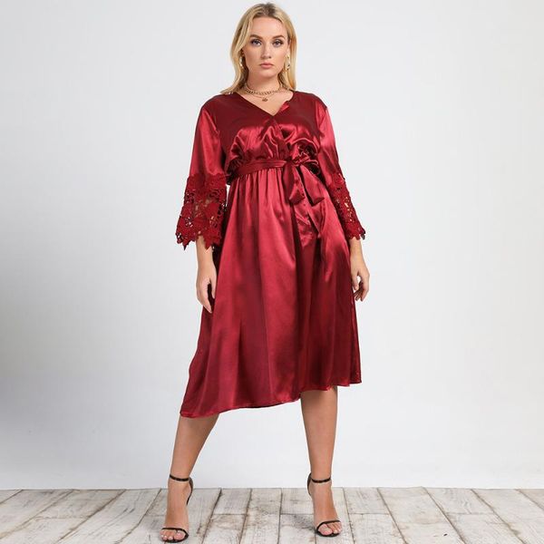 

plus size dresses women clothing a-line skirt v-neck lace-up long-sleeved woven dress red casual wedding for 2021, Black