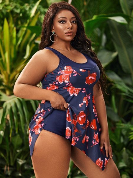 

plus floral print swim dress with high waisted bottom j1f5#, Black