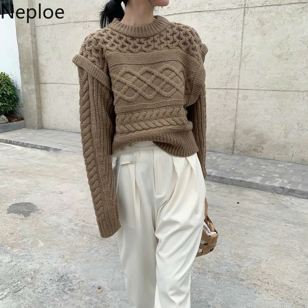 Neploe Vintage Pullover Twist Weave Fake Zwei Pullover Herbst Frauen Strickwaren Pullover Weibliche Lose Jumper Tops Sueter Mujer 210422