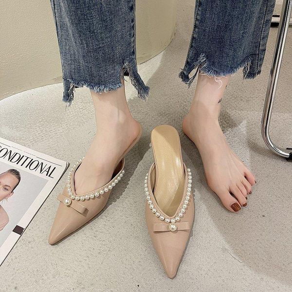 

med slippers soft summer women's shoes slides fashion pantofle thin heels cover toe heeled mules string bead comfort luxury 2021, Black