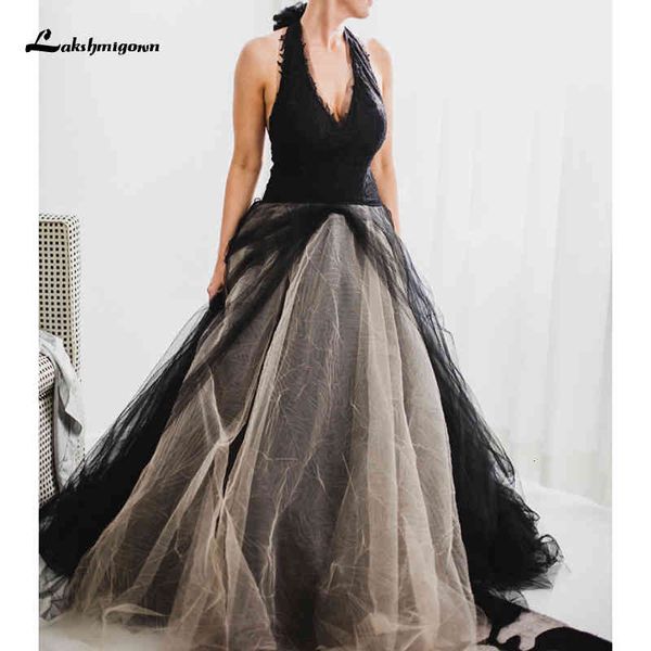 

2021 new black lace and beige tulle wedding es v neck backless sleeveless gothic bridal gowns custom made vestido de novia y6yr, White