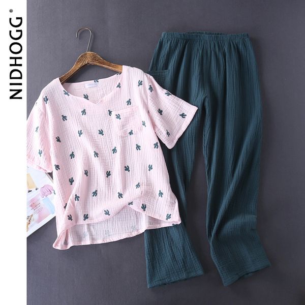 

2021womens cotton pyjamas water-washed pijamas crepe yarn short-sleeved long pants sleepwear home suit women pajamas 2-piece set, Black;red