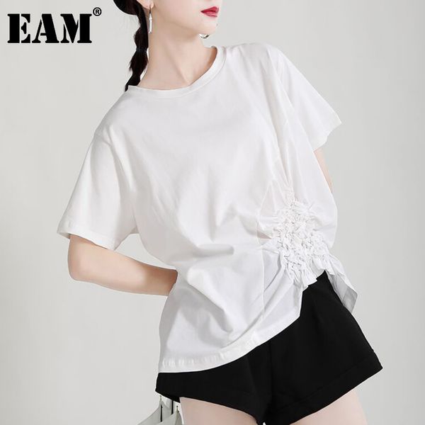 

[eam] women white big size asymmetrical pleated t-shirt round neck short sleeve fashion spring summer 1dd6661 210512