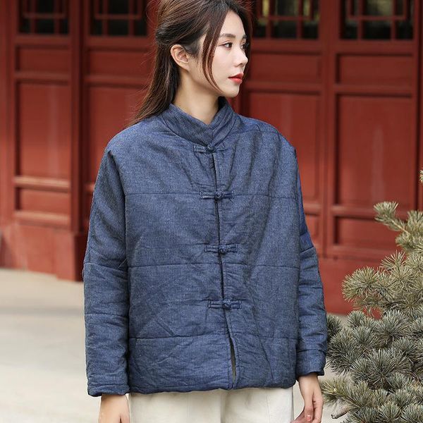 

johnature retro plate buckle warm thick cotton denim parkas autumn winter leisure all-match women long sleeve jacket 210521, Black