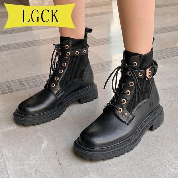 

boots plus size 34-40 designer platform women patent leather ankle for chunky motorcycle lace-up, Black