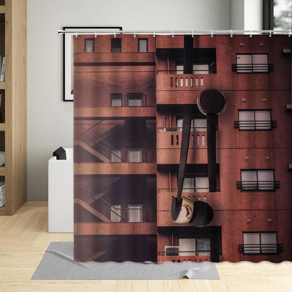 

shower curtains curtain red brick wall stairs background building with hook bathroom multi-size waterproof home decorative washable