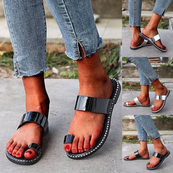

sandals 2021 women summer luxury round head set toe flat large size rhinestone gems all-match outdoor beach durable ms slippers, Black