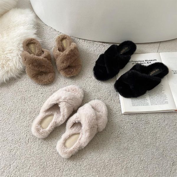 

slippers bailamos women out slipper warm fur winter ladies flip flops flat heel casual plush shoes women's furry indoor slides, Black
